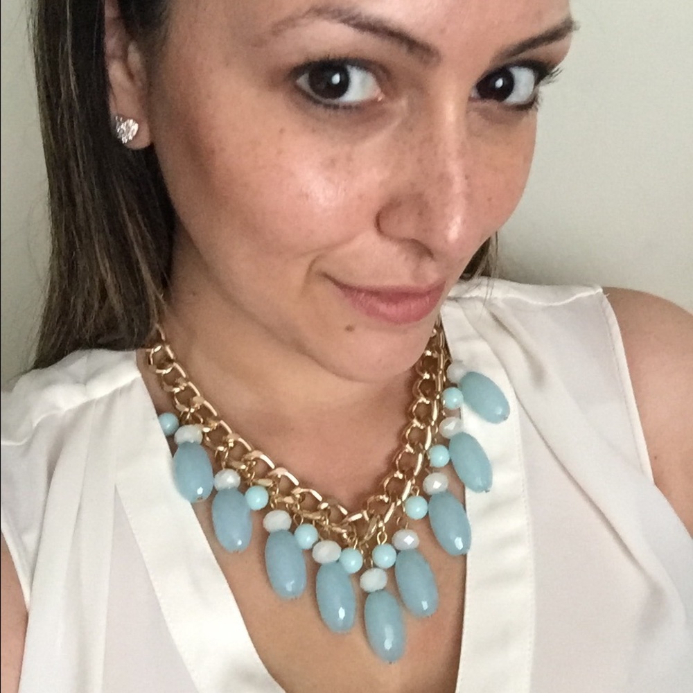 Blue glass YG tone necklace